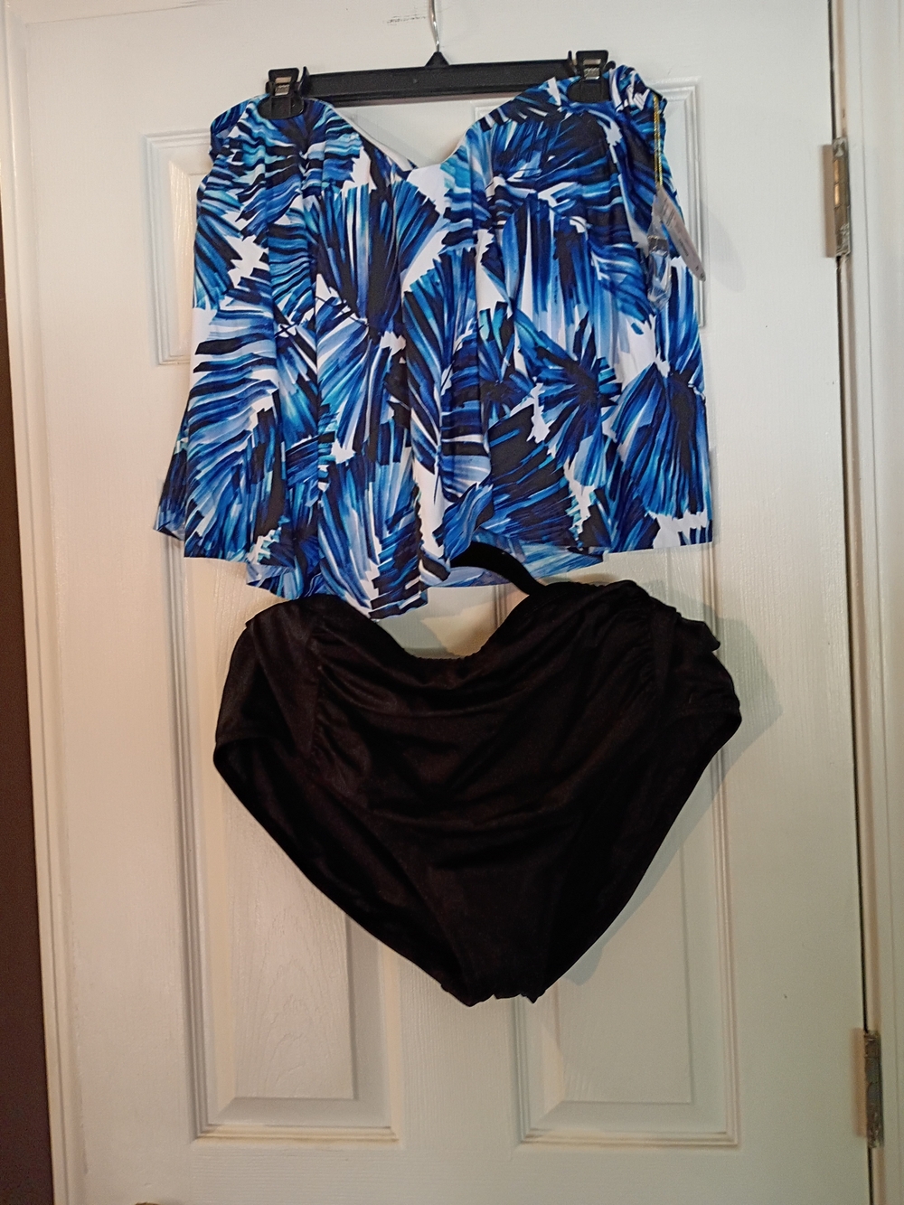 Blue Palm Print Two-Piece Swimsuit with Black Bottoms